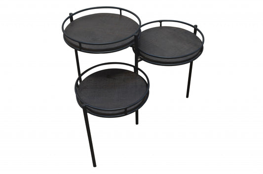 23" Black Solid Wood And Iron Round End Table