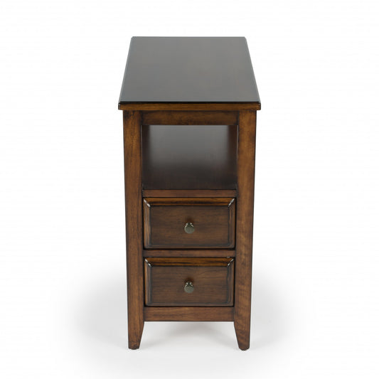 24" Cherry Brown Narrow End Table With Two Drawers And Shelf