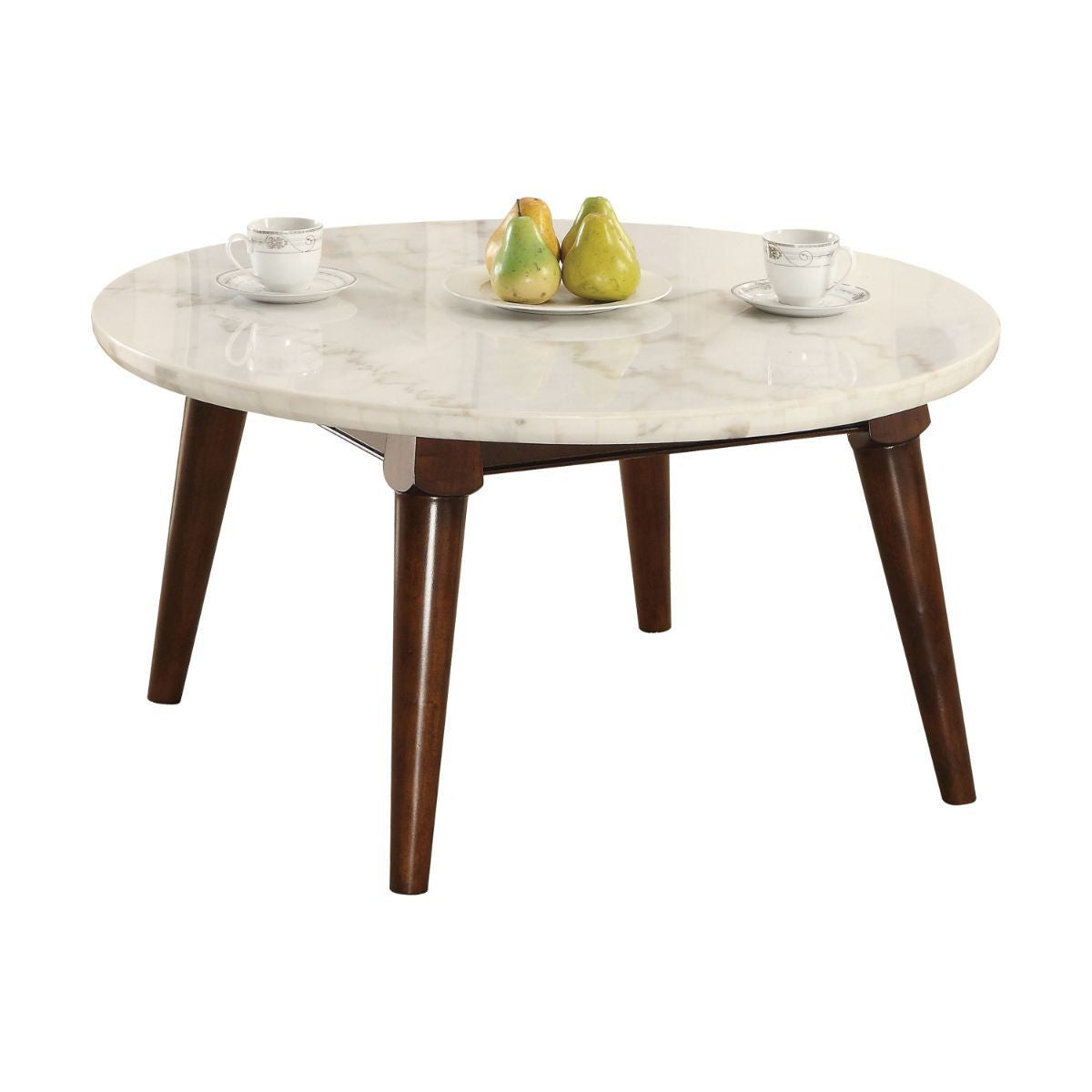 36" Walnut And Marble Faux Marble Round Coffee Table