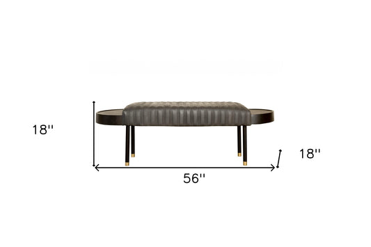 56" Dark Gray and Black Upholstered Genuine Leather Bench