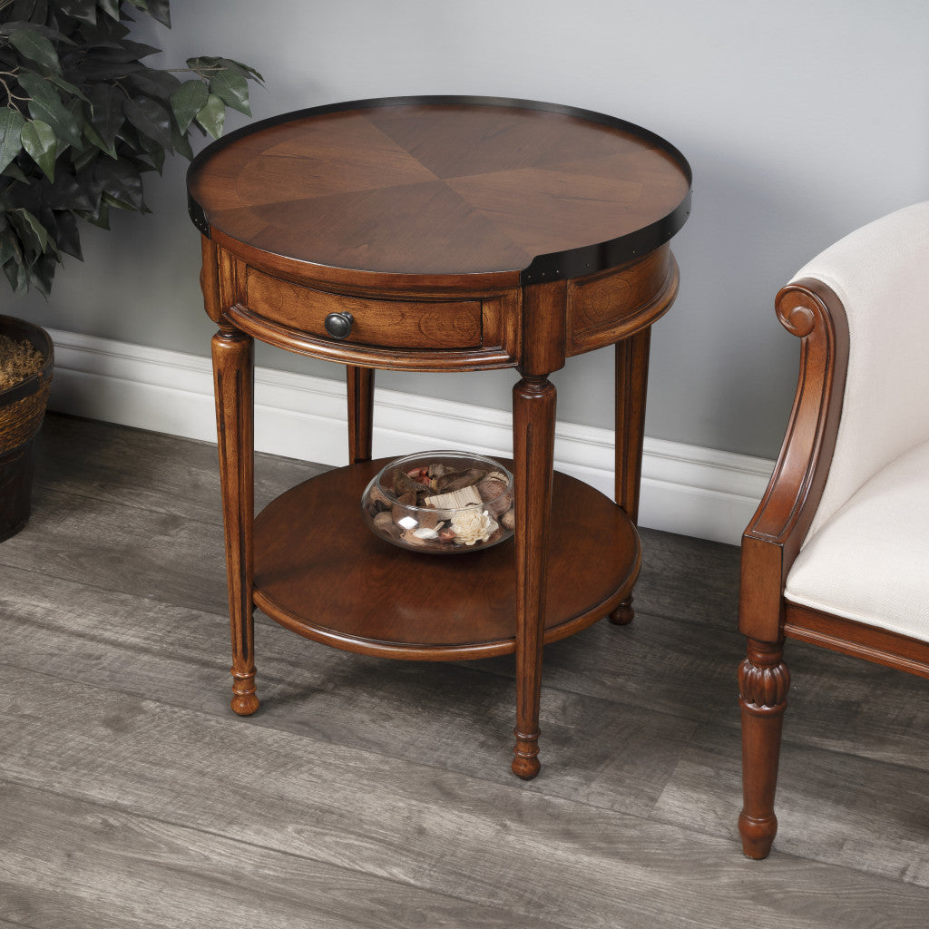 26" Medium Brown Manufactured Wood Round End Table With Drawer And Shelf