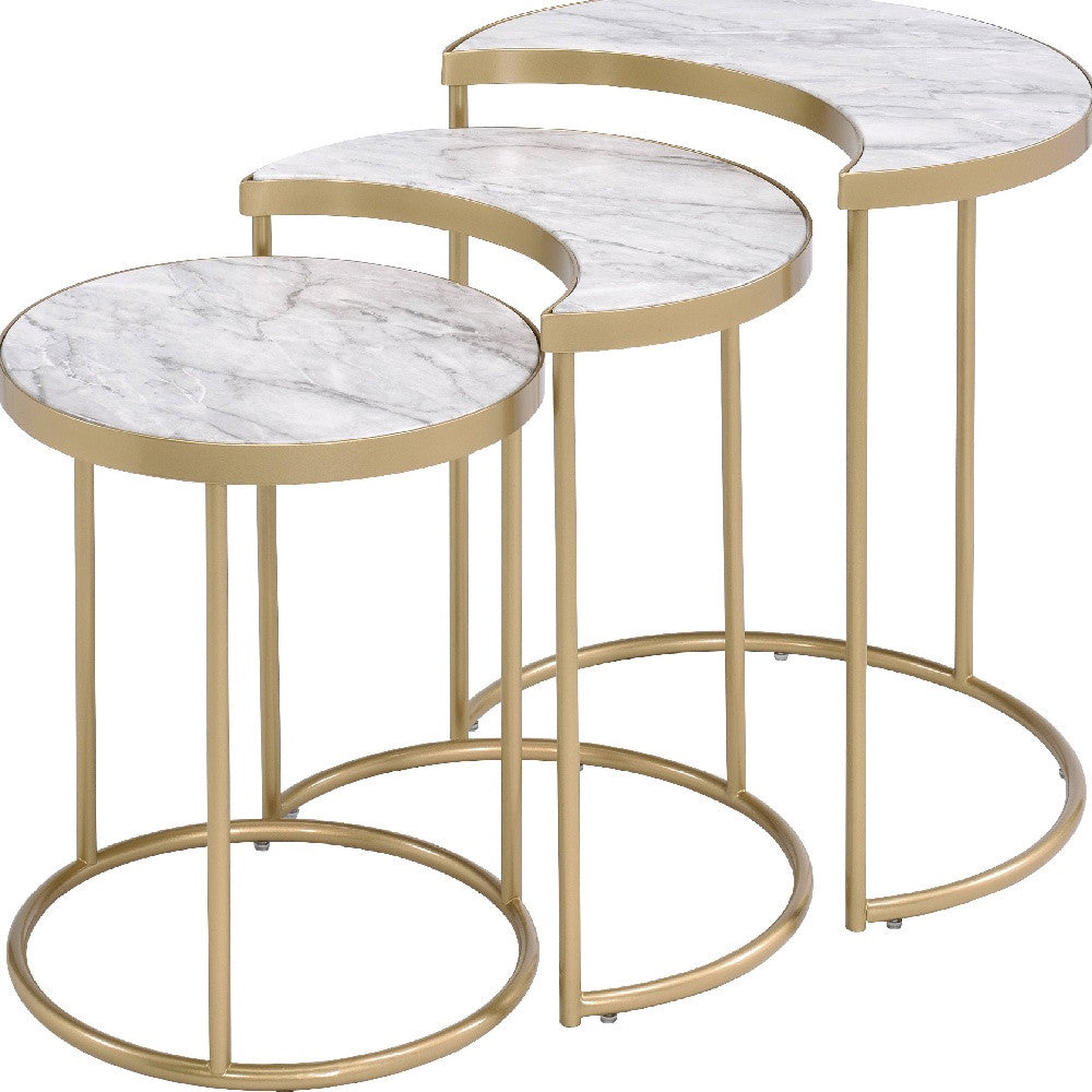 24" Gold And Faux Marble Paper Veneer And Metal Round Nested Coffee Tables