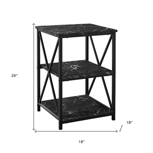 26" Black Faux Marble End Table With Two Shelves