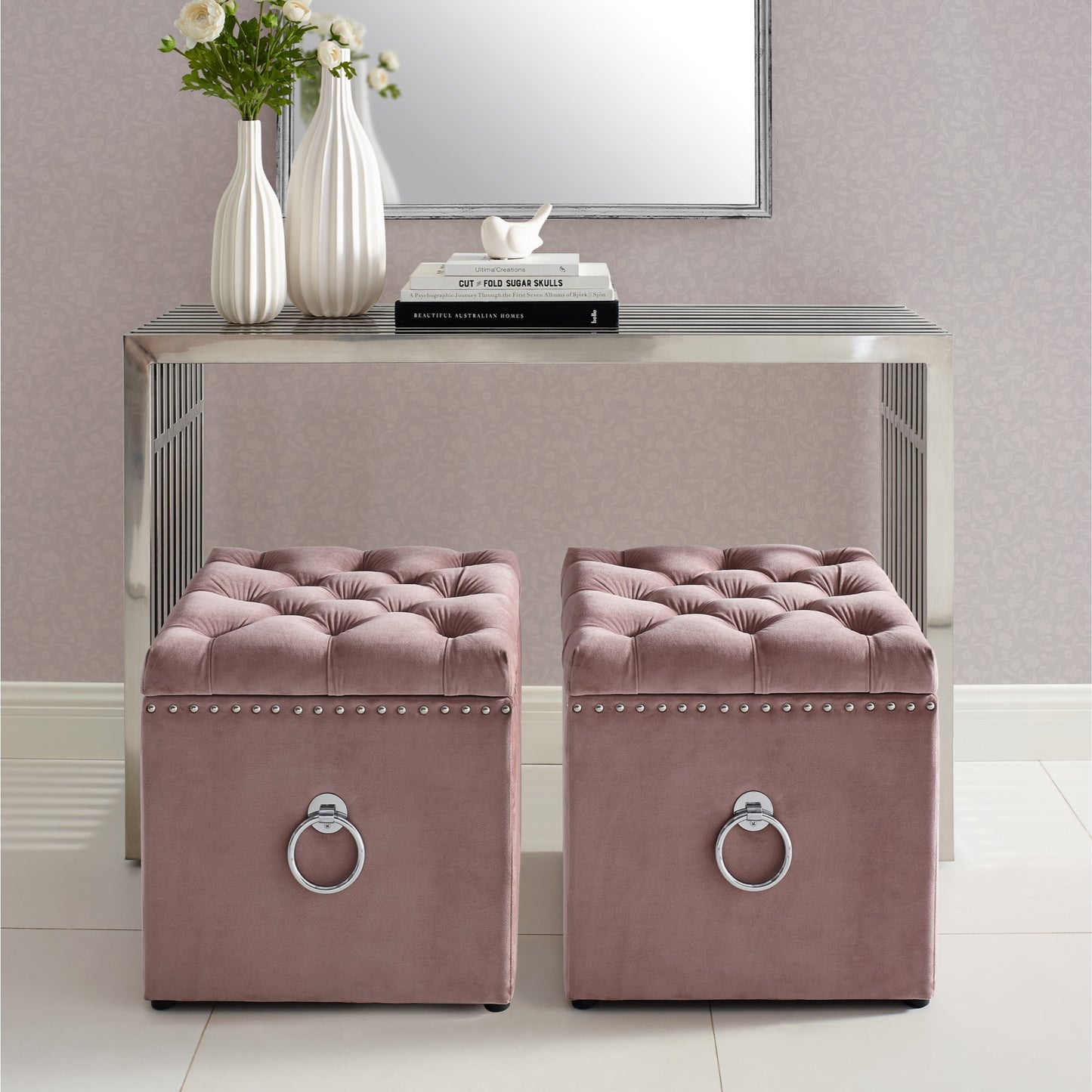 18" Blush Velvet And Black Tufted Storage