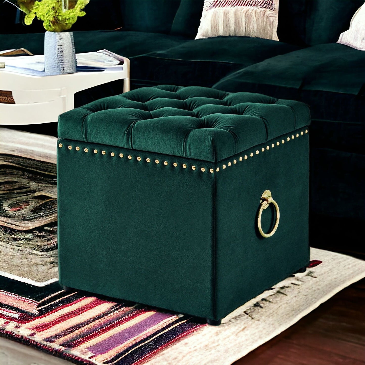 18" Hunter Green Velvet And Black Tufted Storage