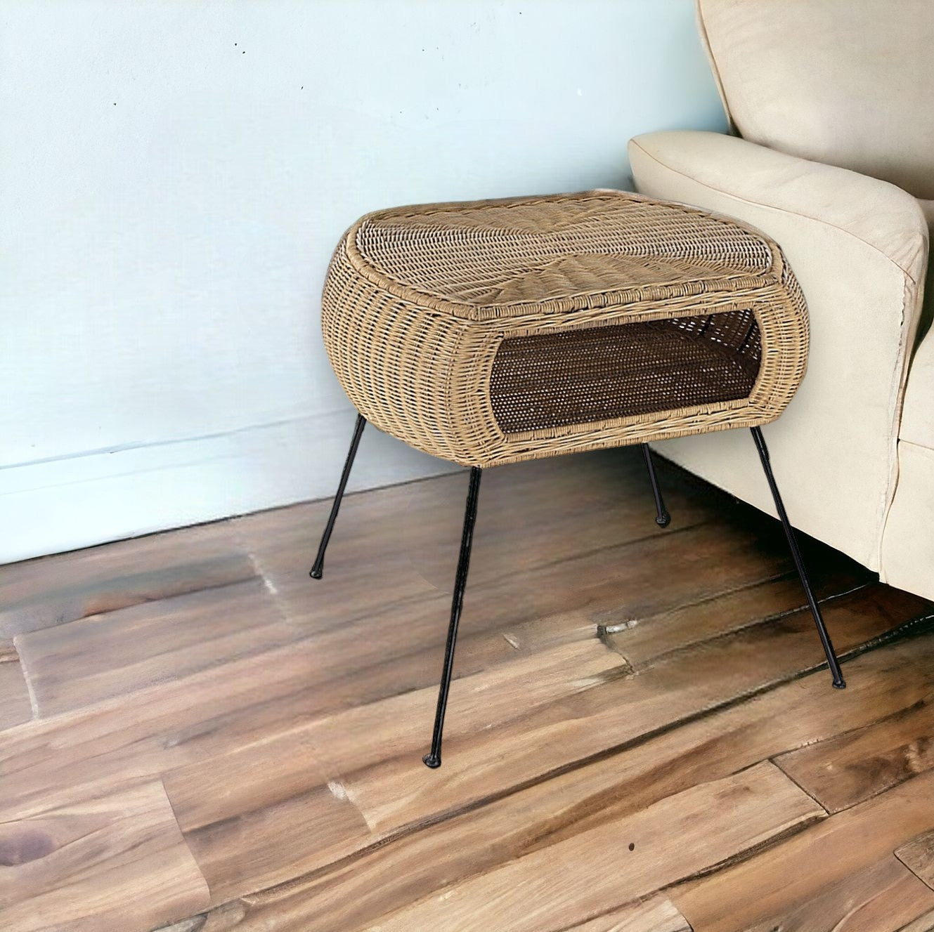 24" Natural Brown Rattan and Black End Table With Shelf