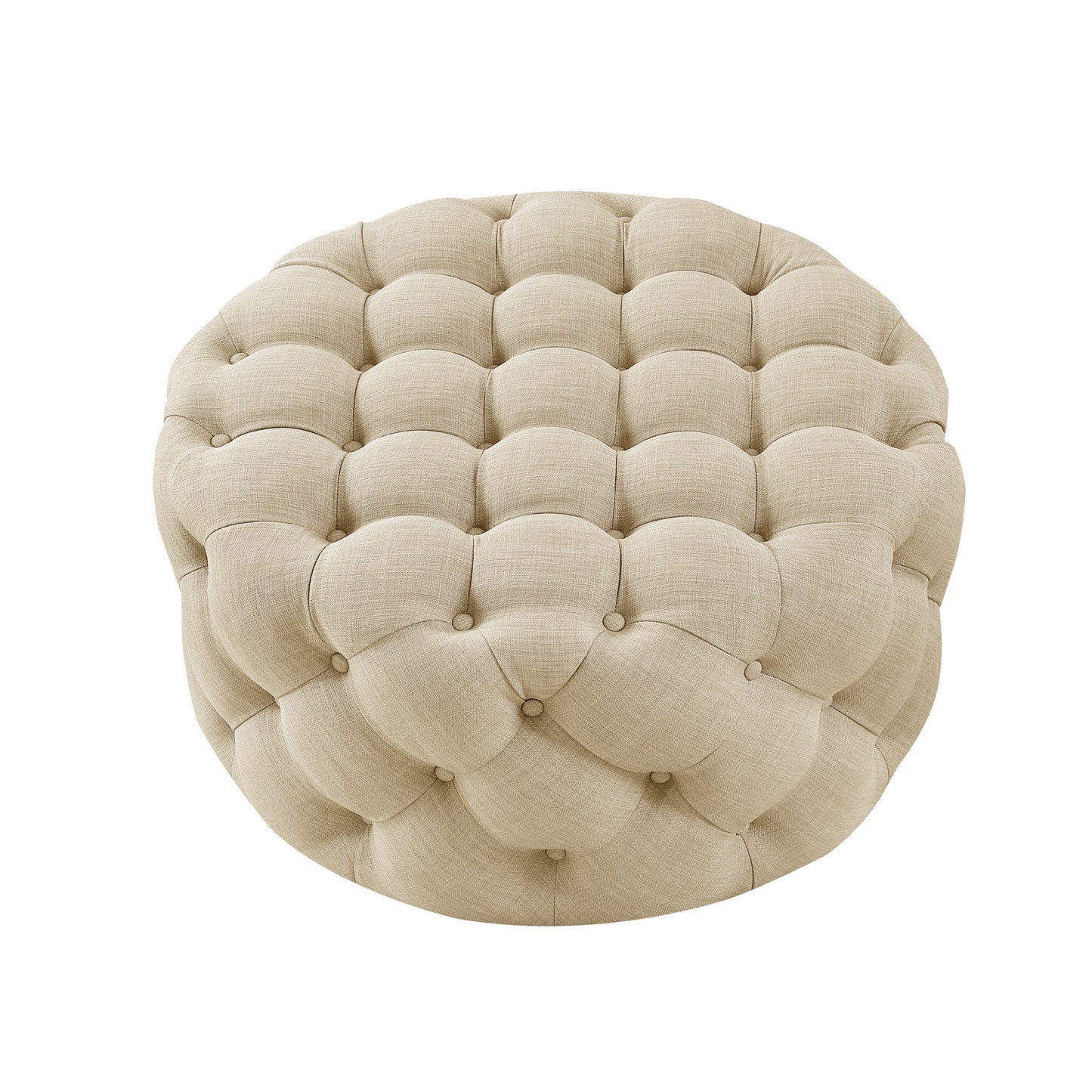 33" Beige Linen And Black Rolling Tufted Round Cocktail Ottoman