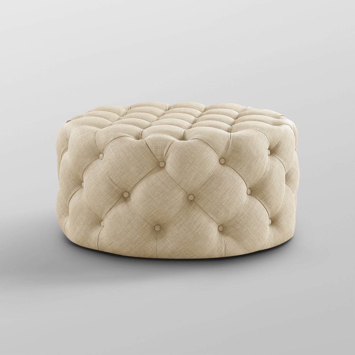 33" Beige Linen And Black Rolling Tufted Round Cocktail Ottoman