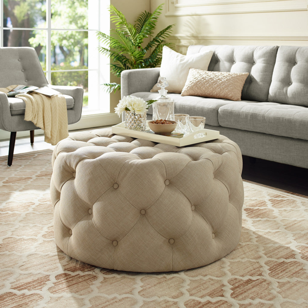 33" Beige Linen And Black Rolling Tufted Round Cocktail Ottoman