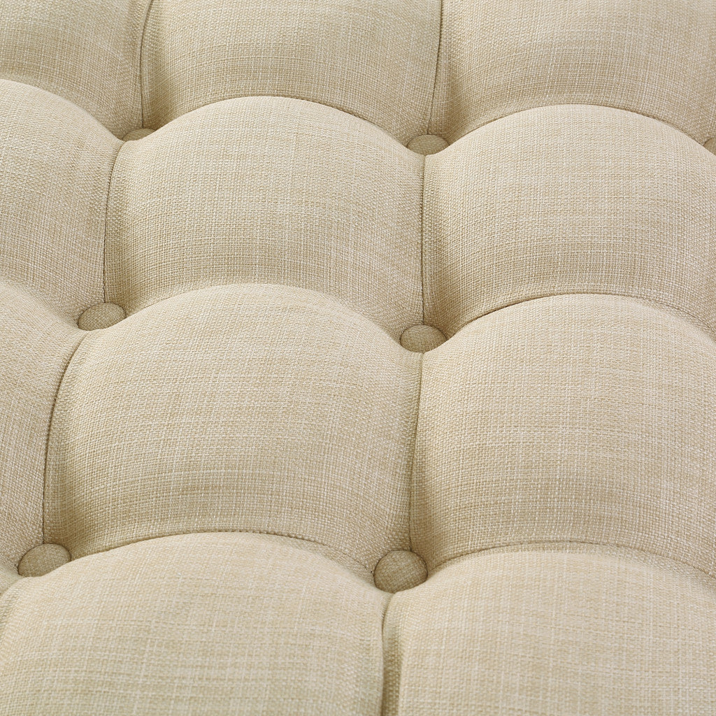 33" Beige Linen And Black Rolling Tufted Round Cocktail Ottoman