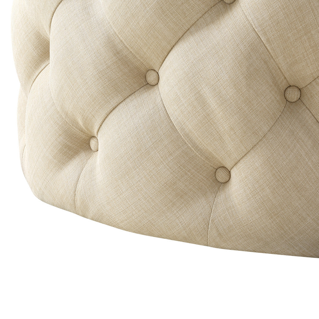 33" Beige Linen And Black Rolling Tufted Round Cocktail Ottoman