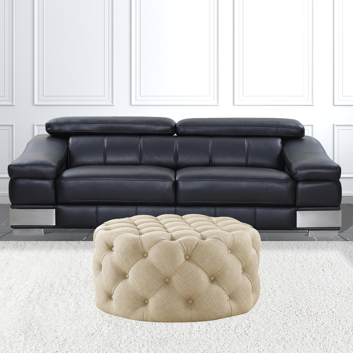 33" Beige Linen And Black Rolling Tufted Round Cocktail Ottoman