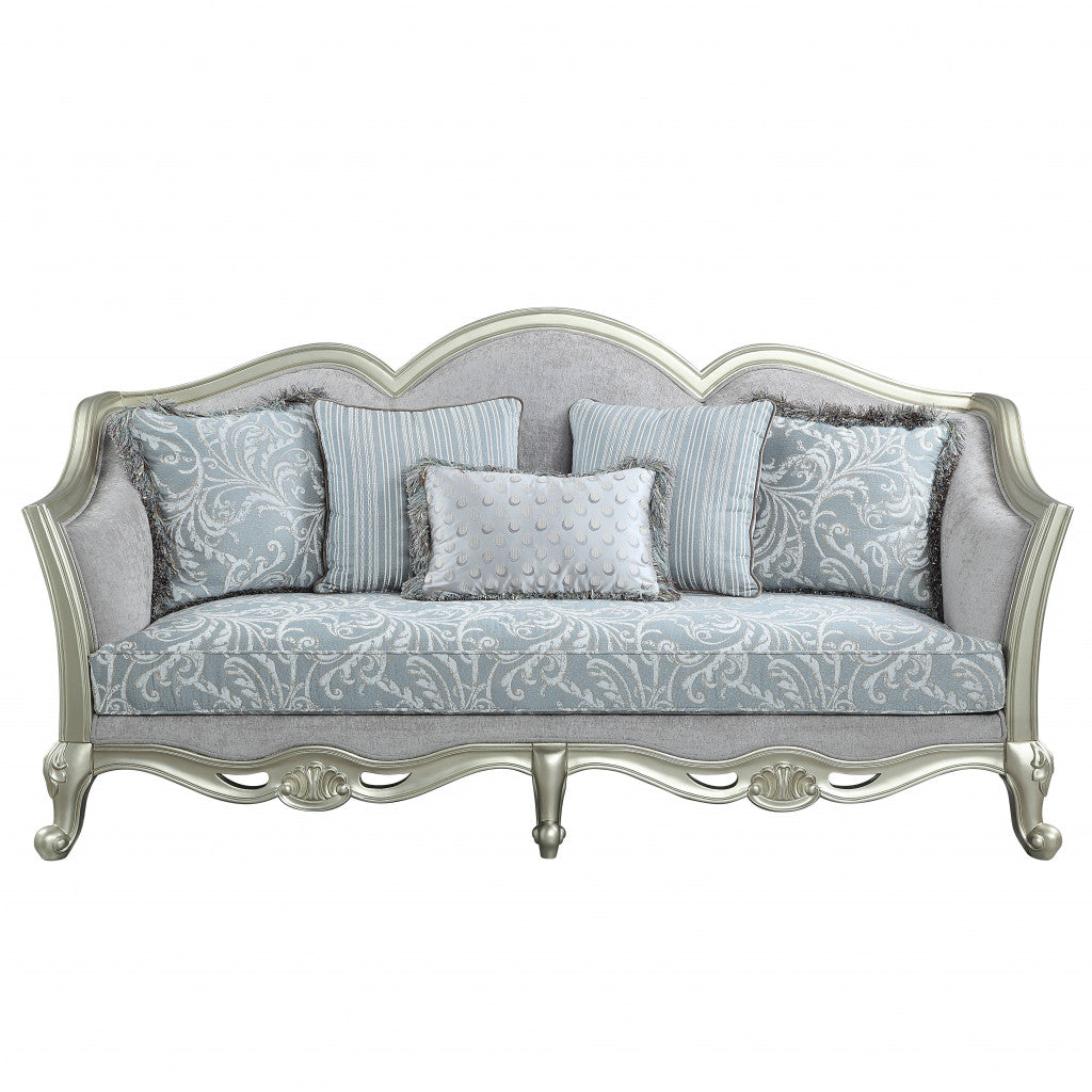 85" Light Gray And Champagne Linen Sofa And Toss Pillows