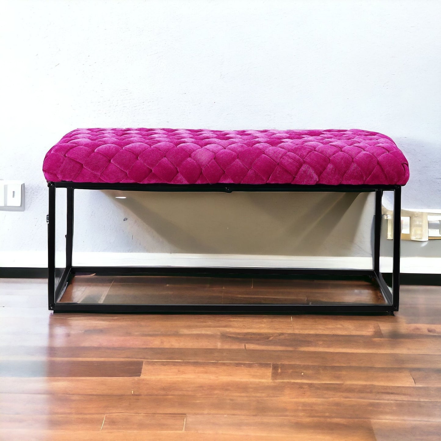 39" Fuchsia And Black Upholstered Velvet Bench