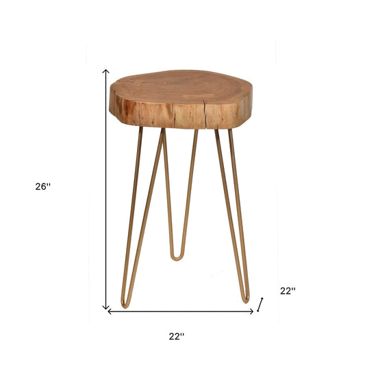 26" Gold And Natural Solid Wood Round End Table