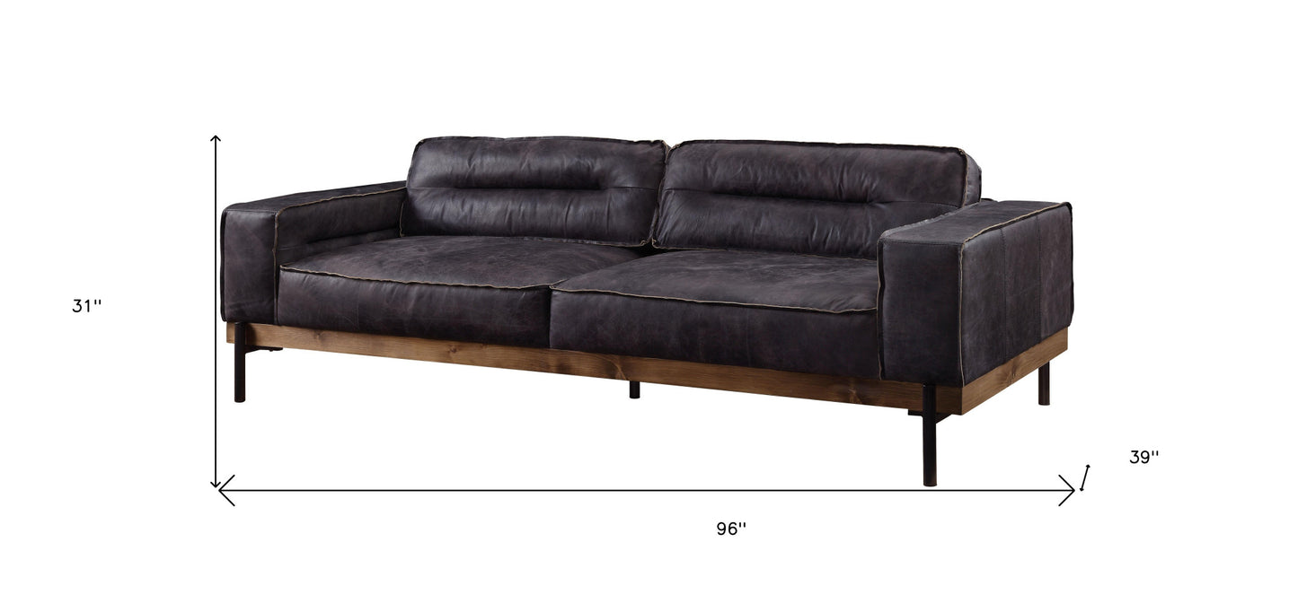 96" Antique Ebony Black Top Grain Leather Sofa