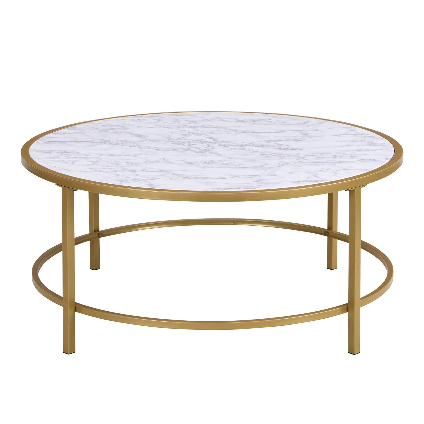 36" White And Gold Faux Marble Round Coffee Table