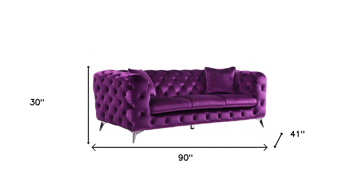 90" Purple And Silver Velvet Sofa