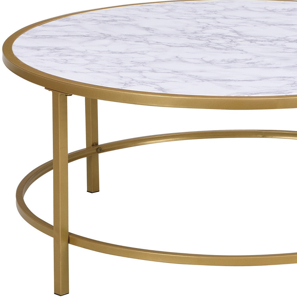 36" White And Gold Faux Marble Round Coffee Table