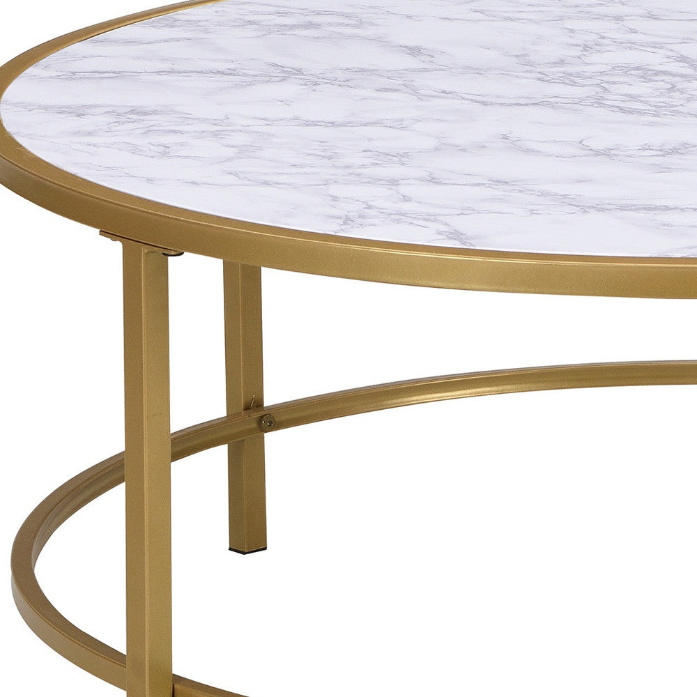 36" White And Gold Faux Marble Round Coffee Table