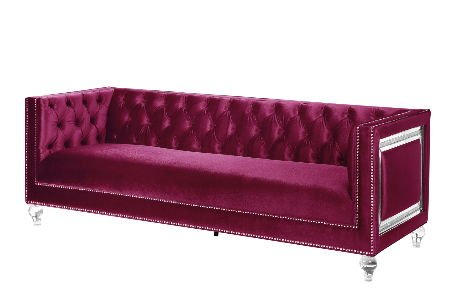 89" Burgundy And Clear Velvet Sofa And Toss Pillows