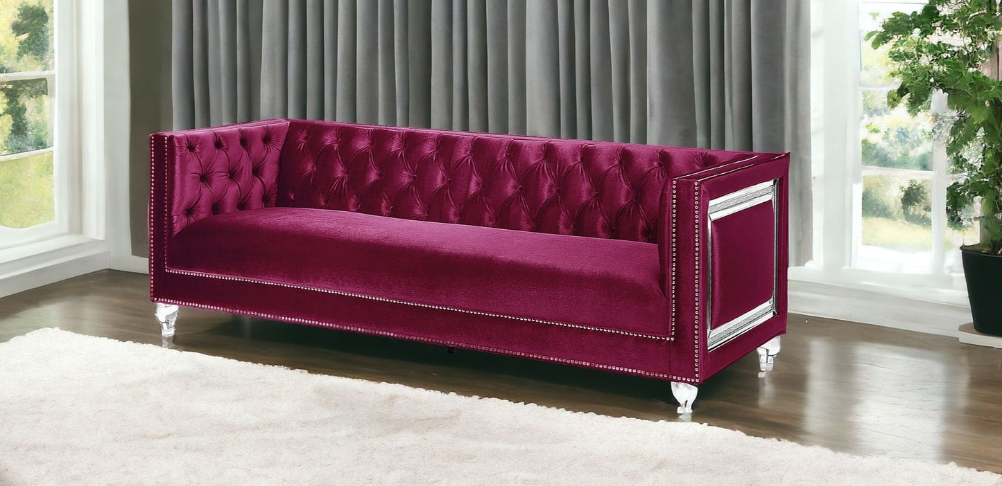 89" Burgundy And Clear Velvet Sofa And Toss Pillows