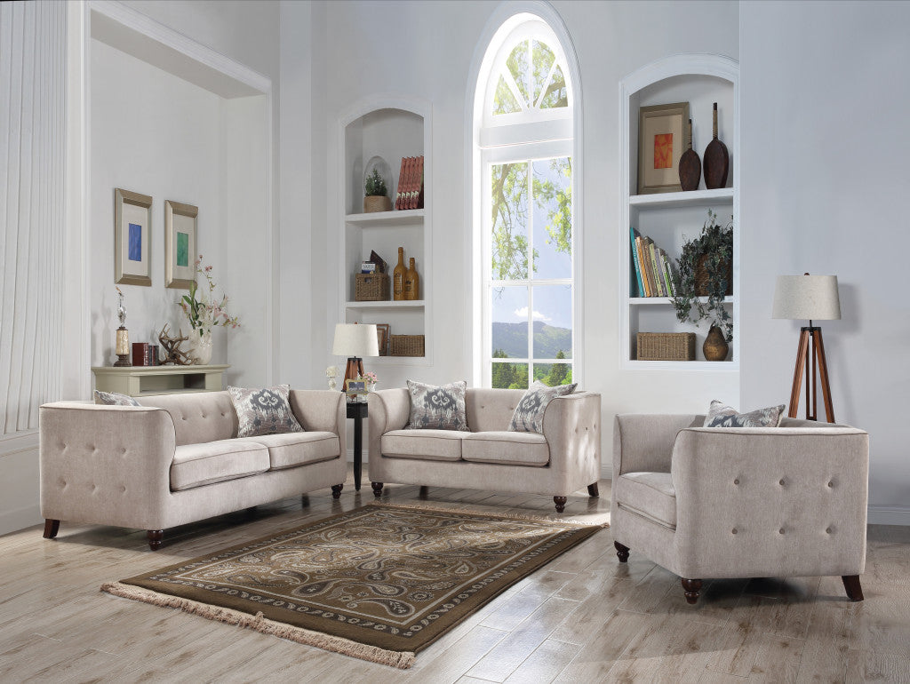 78" Tan Velvet And Black Sofa With Two Toss Pillows