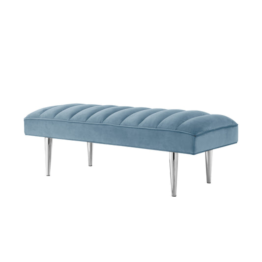 53" Blue And Silver Upholstered Velvet Bench