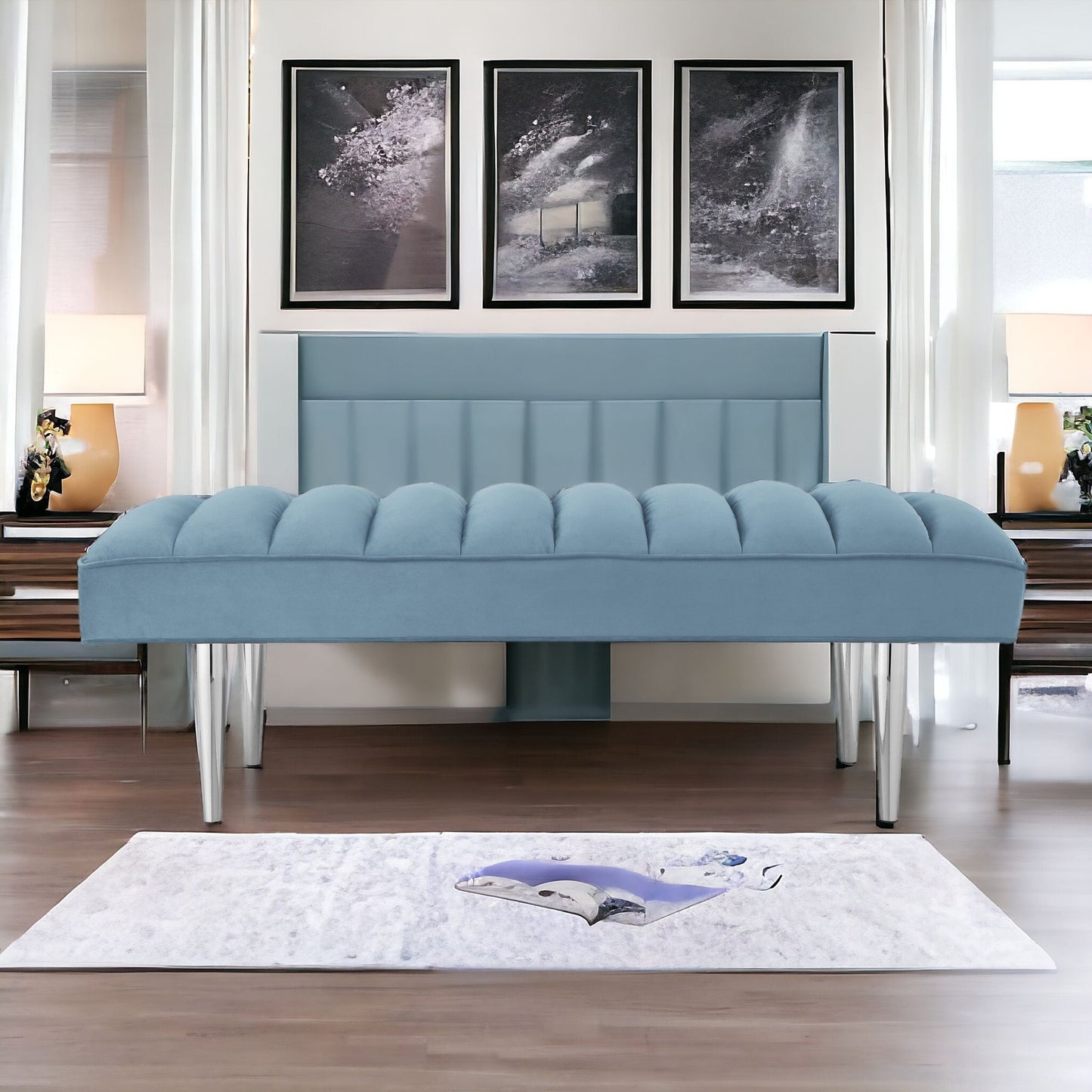 53" Blue And Silver Upholstered Velvet Bench