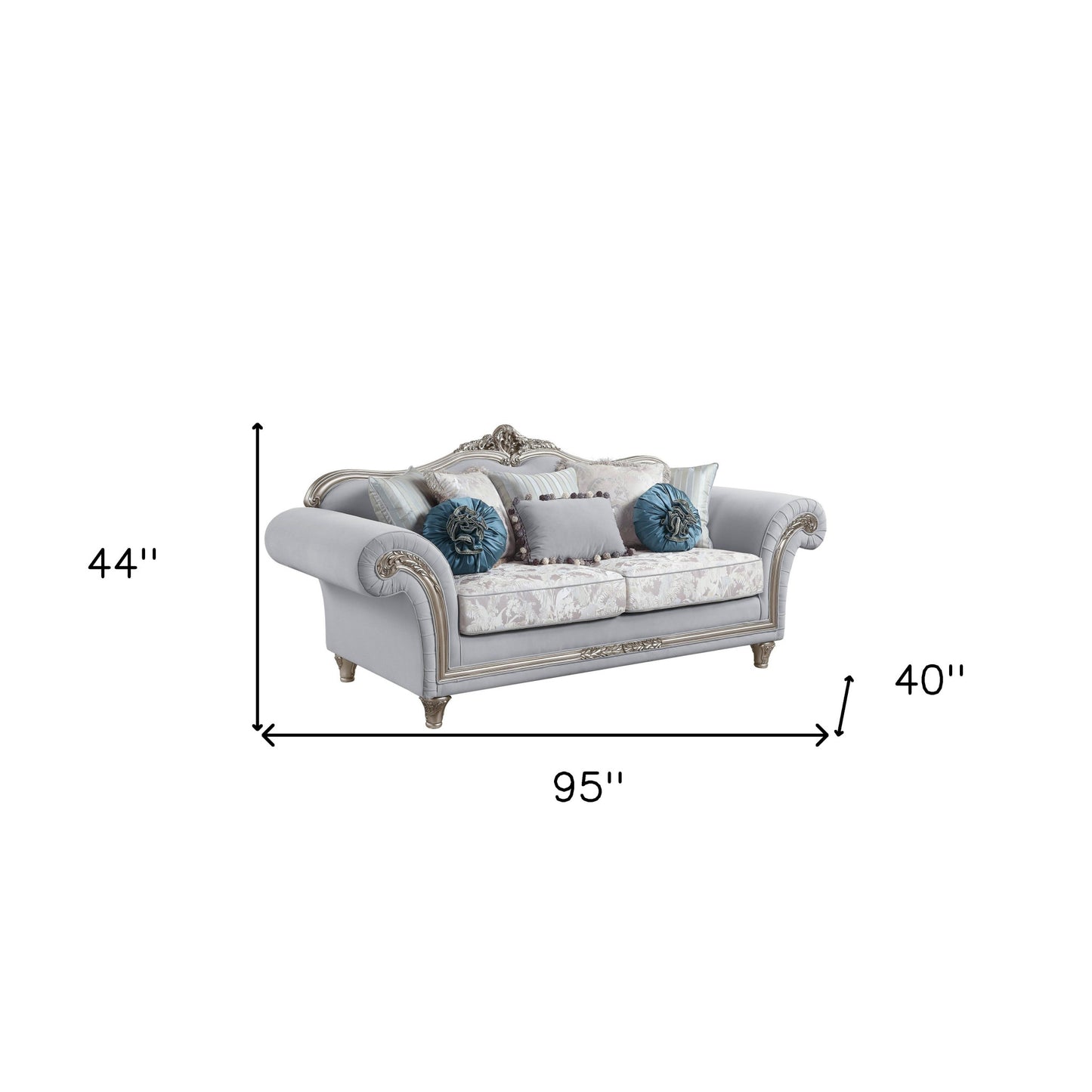 95" Light Gray And Platinum Linen Sofa And Toss Pillows