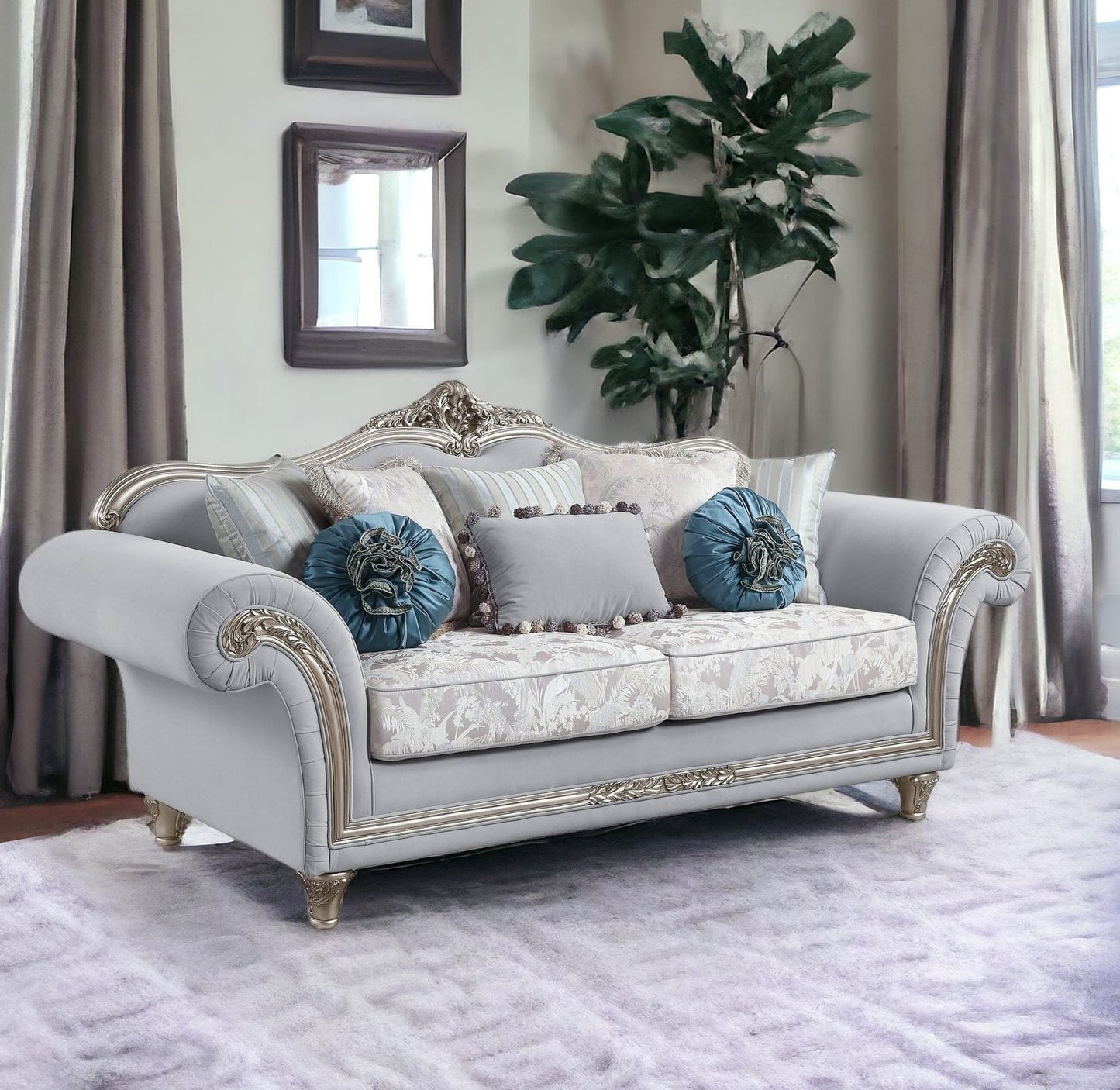 95" Light Gray And Platinum Linen Sofa And Toss Pillows