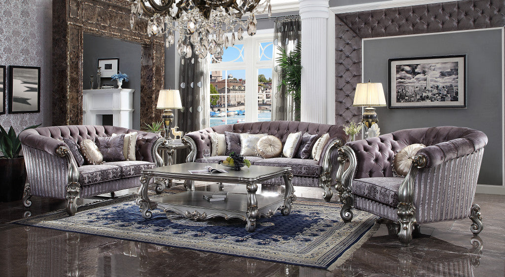 52" Purple and Platinum Velvet Damask Tufted Barrel Chair