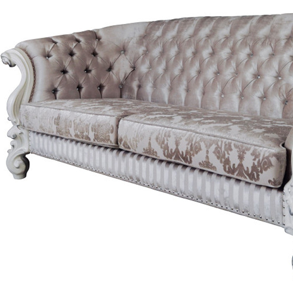 99" Ivory Velvet And Bone Sofa With Seven Toss Pillows