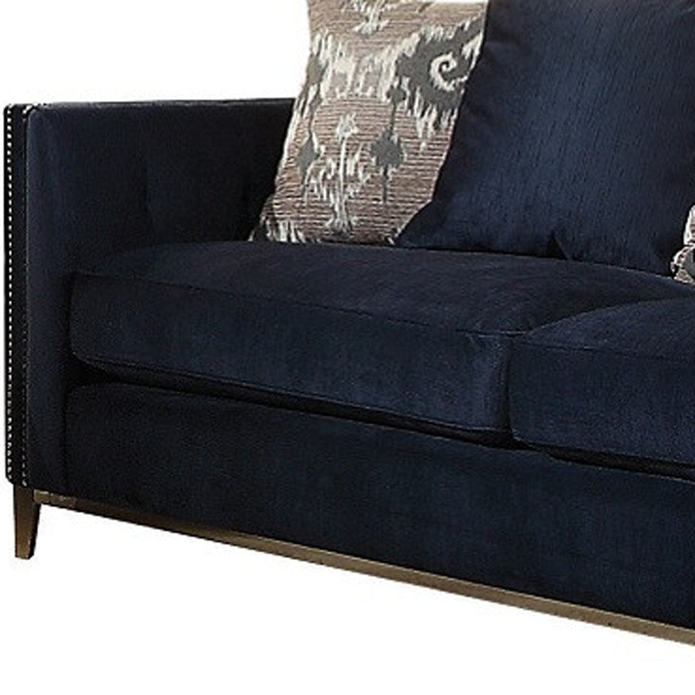 95" Blue And Silver Velvet Sofa And Toss Pillows