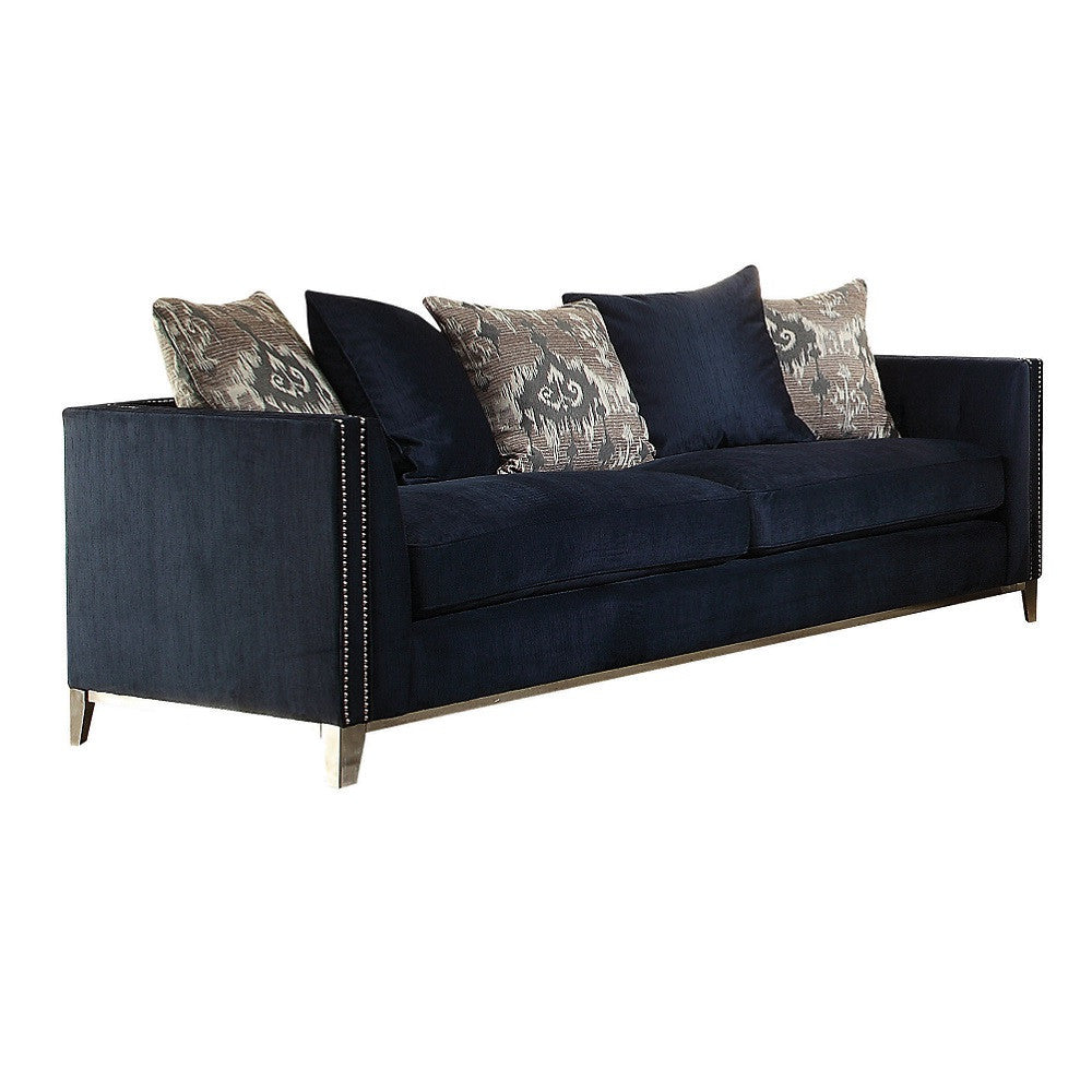 95" Blue And Silver Velvet Sofa And Toss Pillows