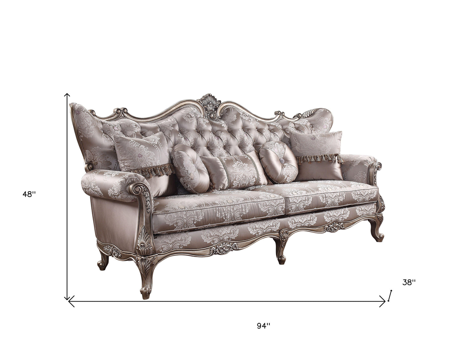 94" Fabric Imitation silk And Champagne Sofa With Five Toss Pillows