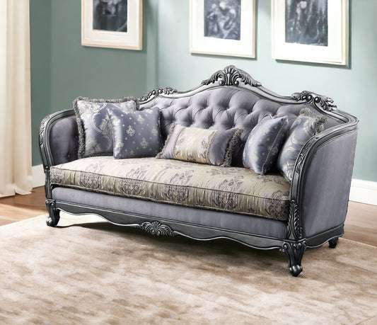 89" Fabric Imitation silk And Platinum Sofa With Five Toss Pillows