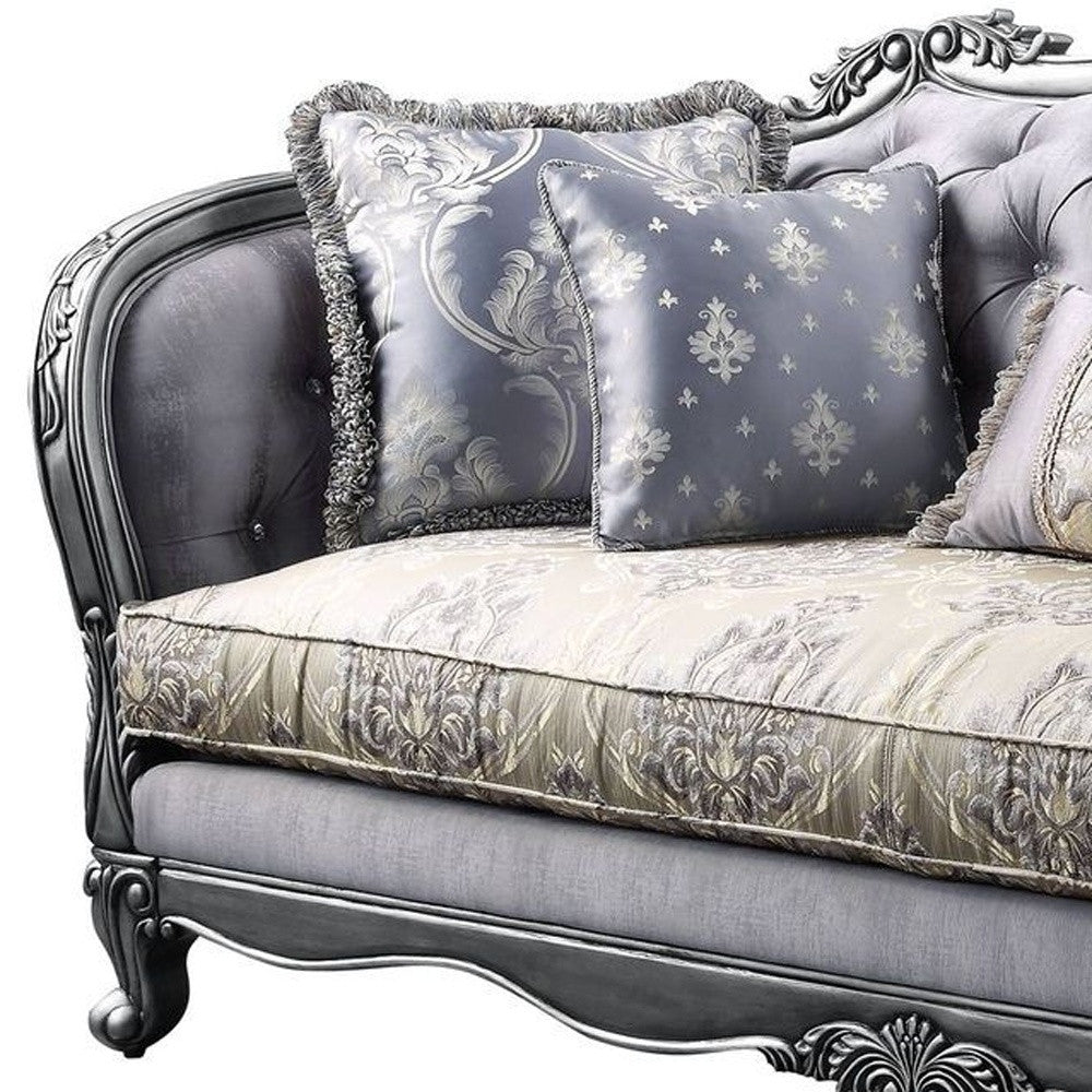 89" Fabric Imitation silk And Platinum Sofa With Five Toss Pillows