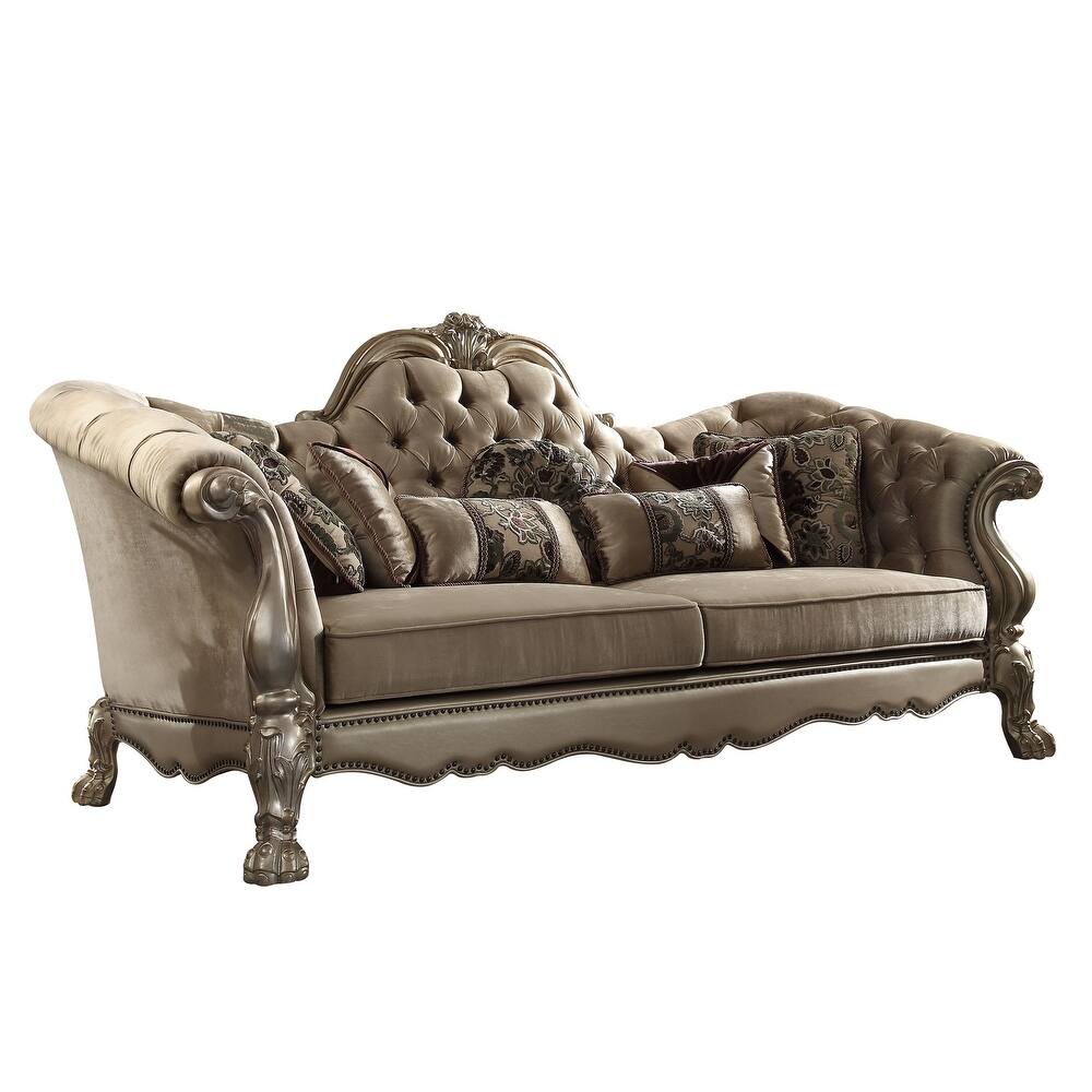 96" Bone Polyurethane, Velvet And Gold Sofa With Seven Toss Pillows