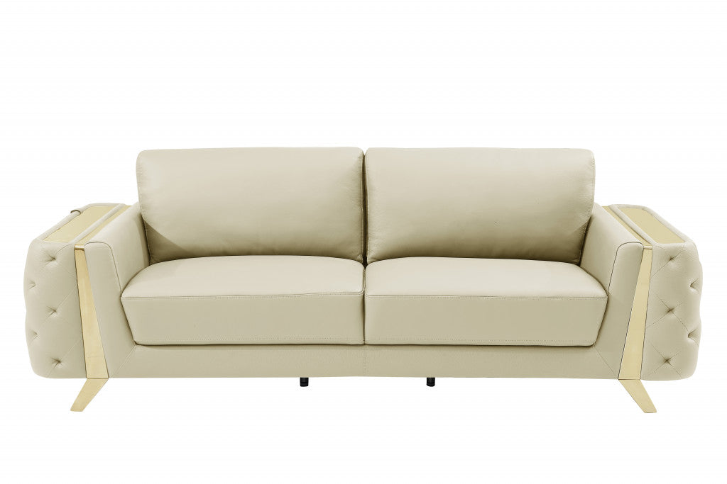 90" Beige And Silver Italian Leather Sofa