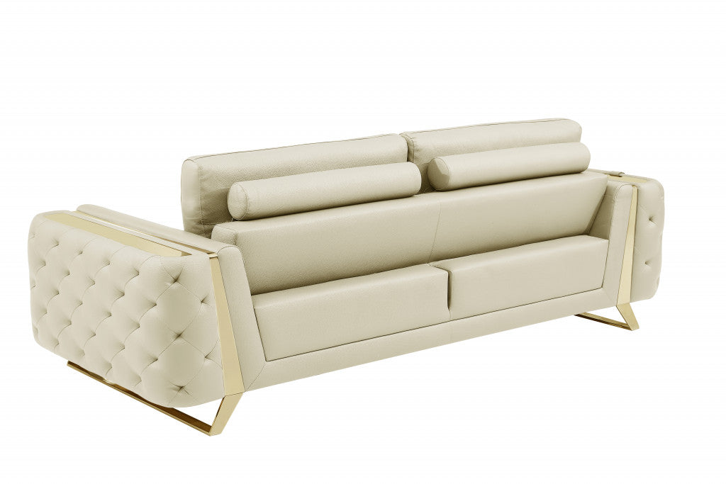 90" Beige And Silver Italian Leather Sofa