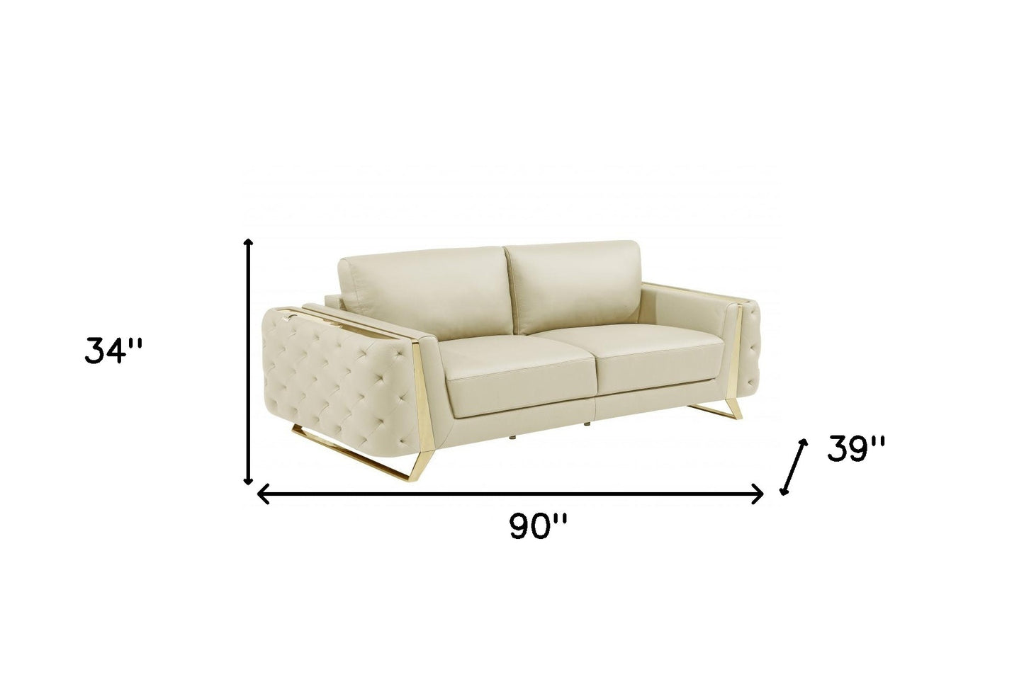 90" Beige And Silver Italian Leather Sofa