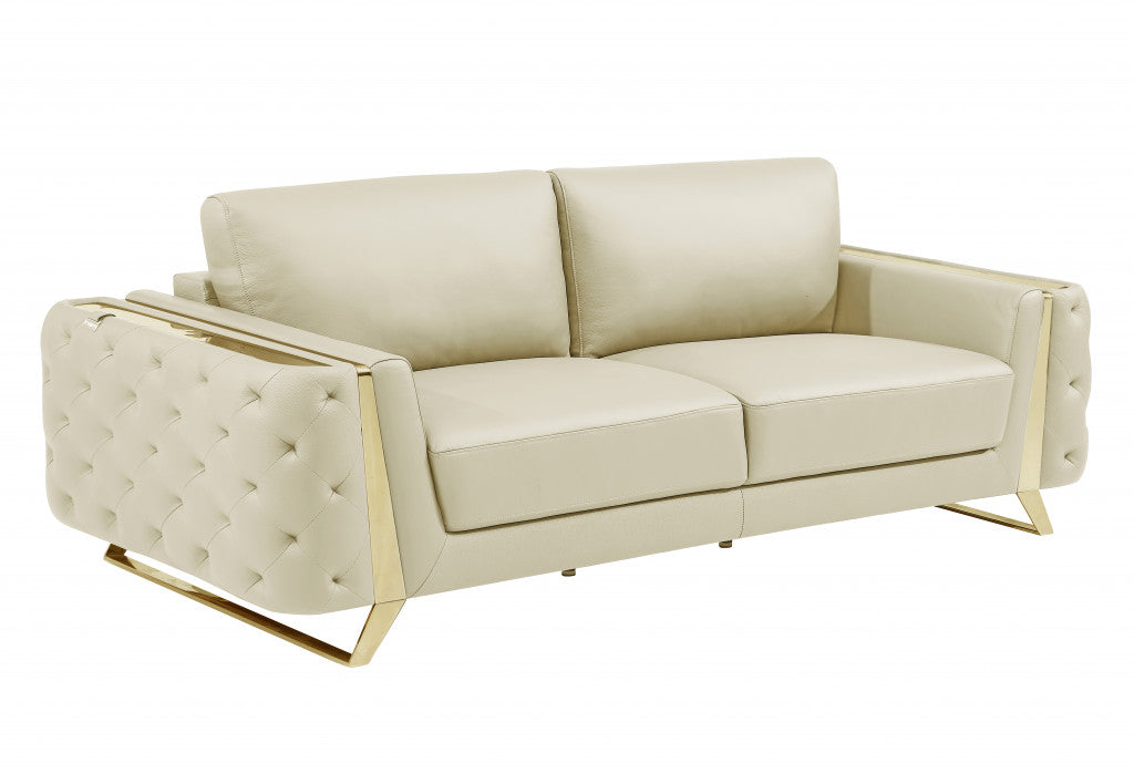 90" Beige And Silver Italian Leather Sofa