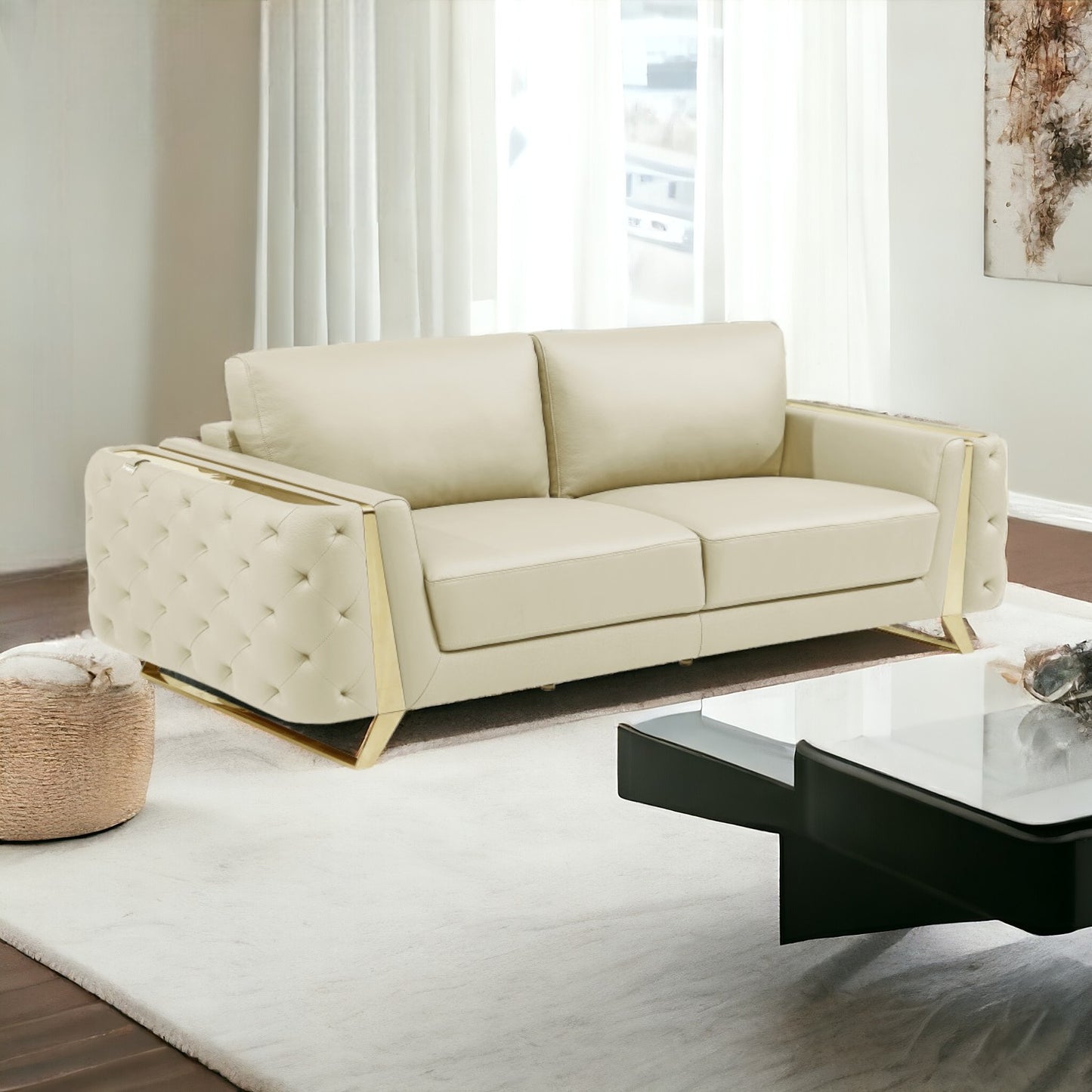 90" Beige And Silver Italian Leather Sofa