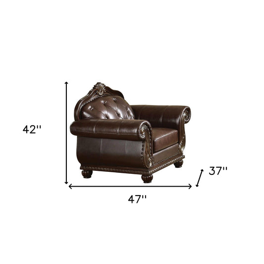 47" Espresso And Black Top Grain Leather Tufted Arm Chair