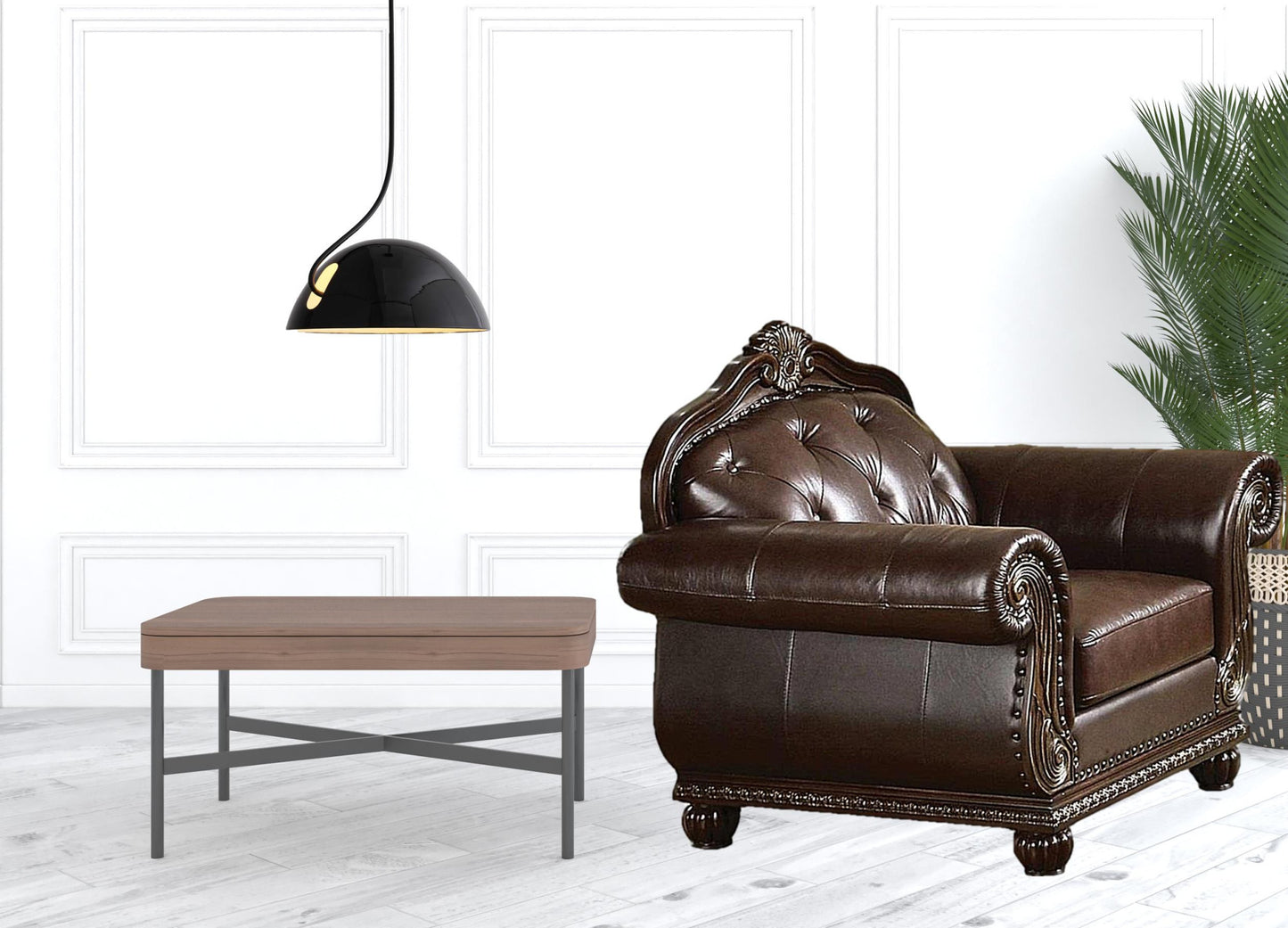 47" Espresso And Black Top Grain Leather Tufted Arm Chair