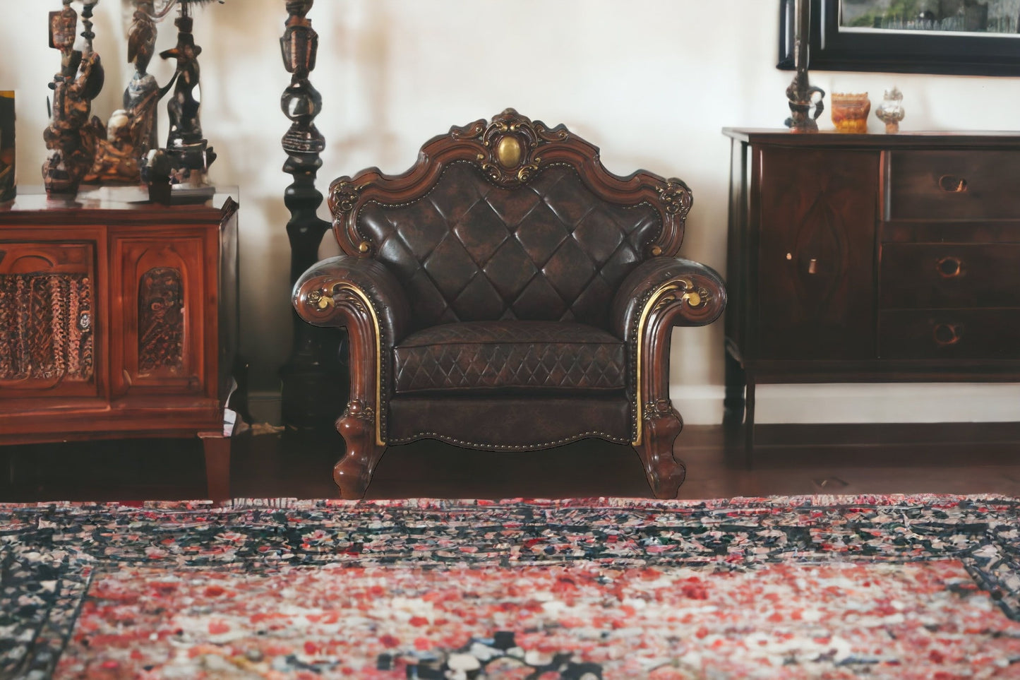 50" Chocolate Faux Leather Tufted Arm Chair