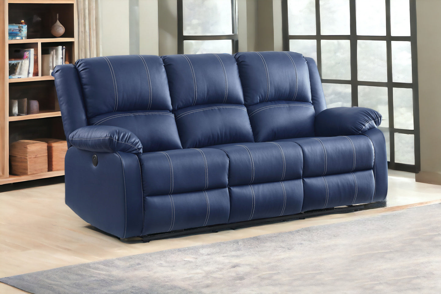 81" Blue And Black Faux Leather Reclining USB Sofa