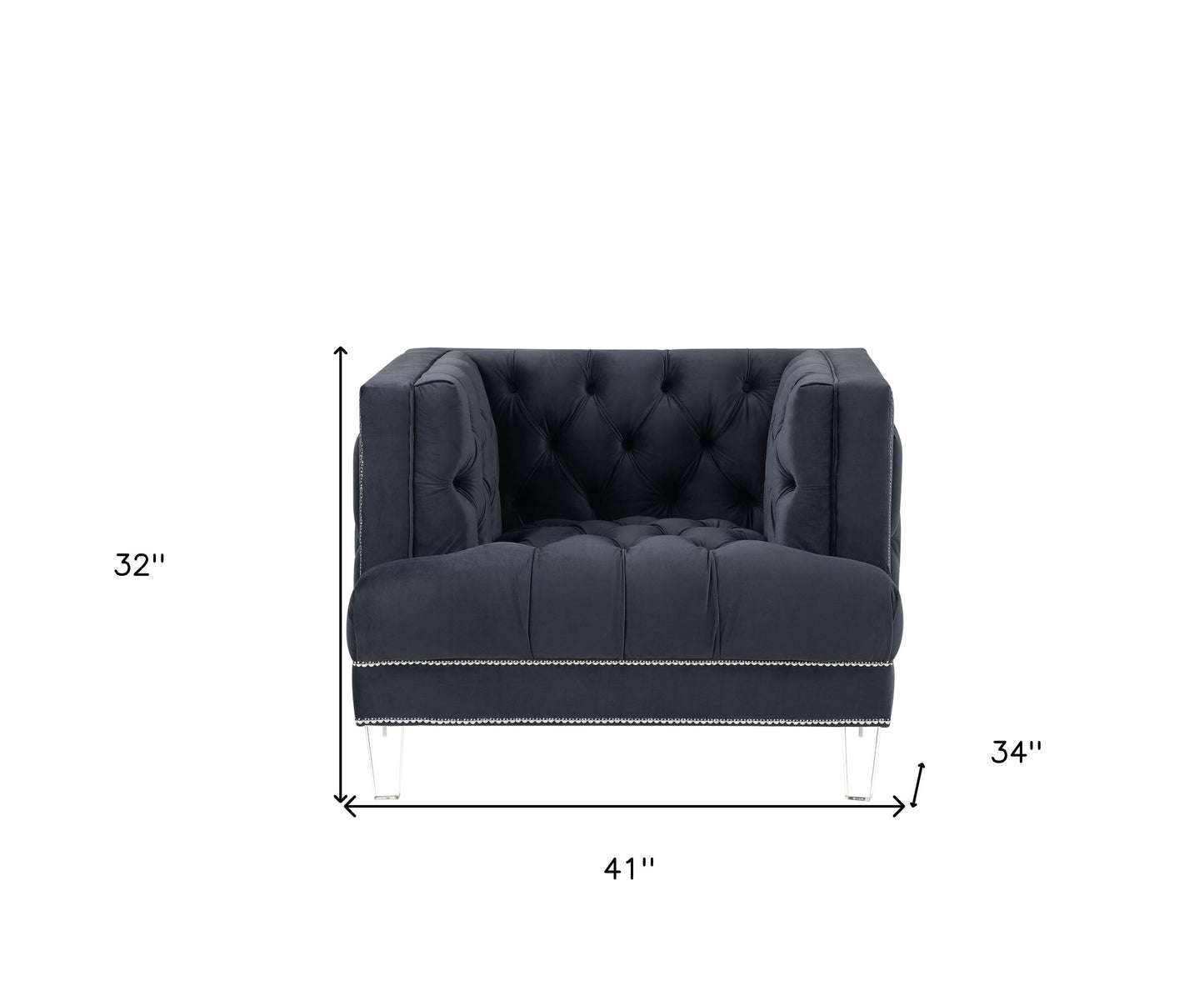 41" Charcoal Velvet And Black Tufted Arm Chair