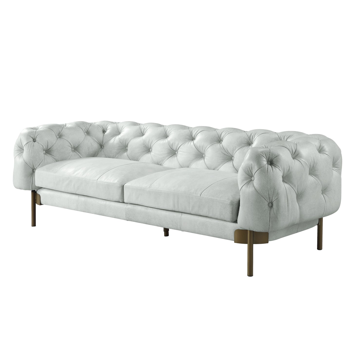 96" Vintage White Top Grain Leather And Gold Sofa